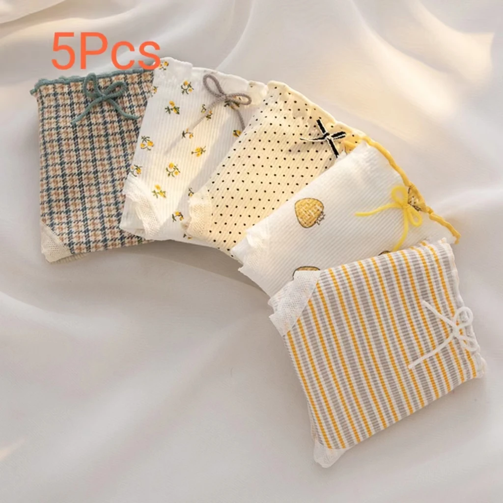 

5 Pairs of Women's Underwear, Japanese and Korean Women's Ear Trim, Cotton Crotch Pants, Girl Students, Cute Women's Briefs