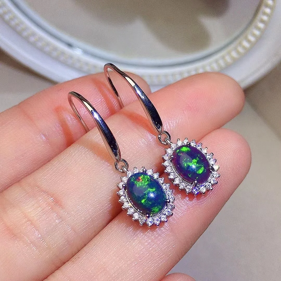 Classic Silver Black Opal Drop Earrings for Daily Wear 6mm*8mm Natural Black Opal Eardrop Solid 925 Silver Opal Jewelry