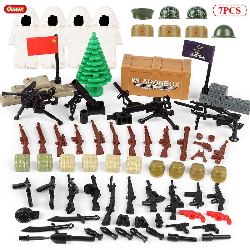 Oenux 8pcs WW2 Mini US Army Soldiers Figure Military Small Building Block Set Military Tank Motorcycle Vehicle MOC Brick Kid Toy