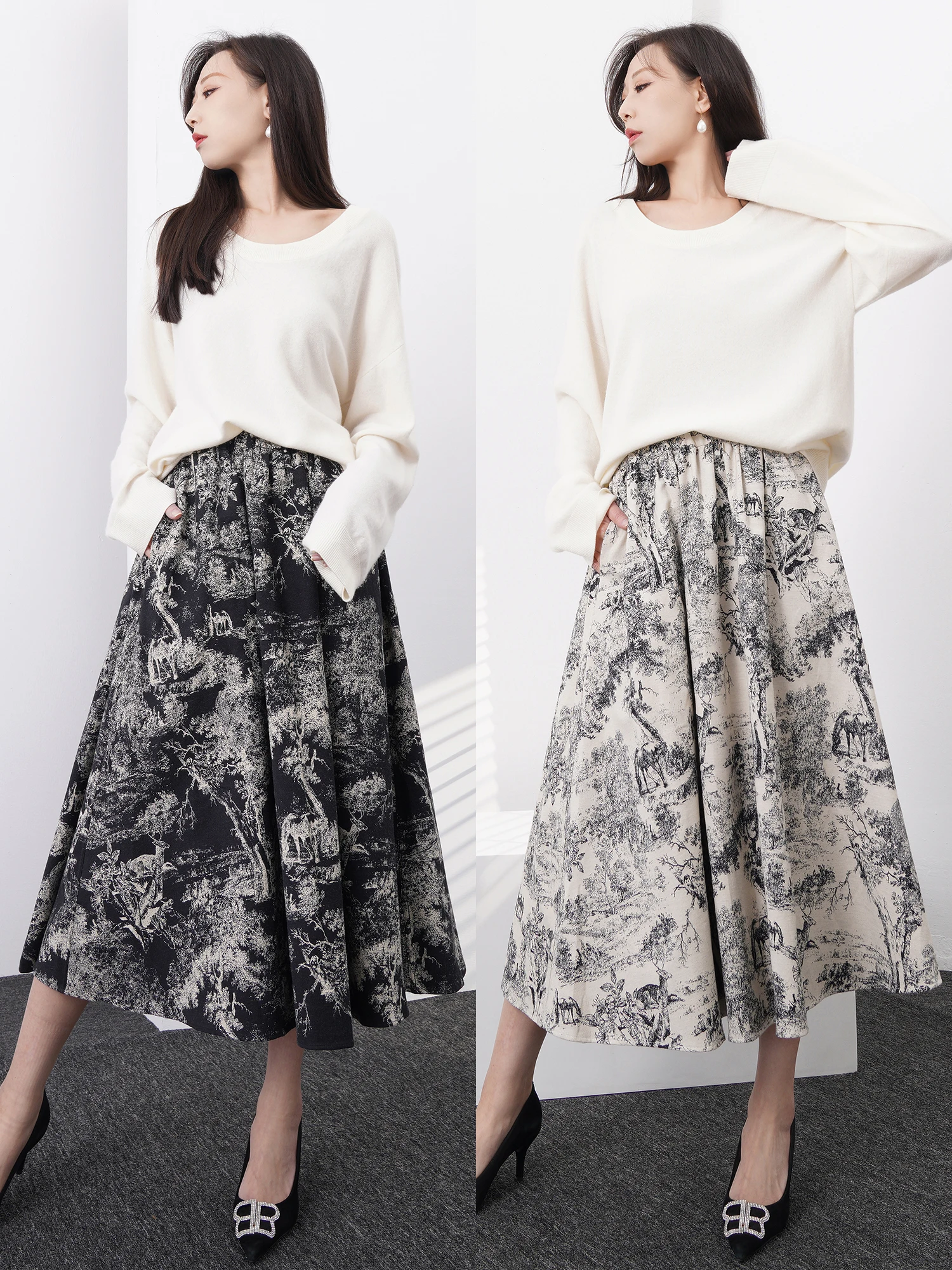 

High Quali Water-Media Lacape Print Elastic Waist A-Line Midi Skirt Women's Ele Vintage Commute Sle Cotton Blend