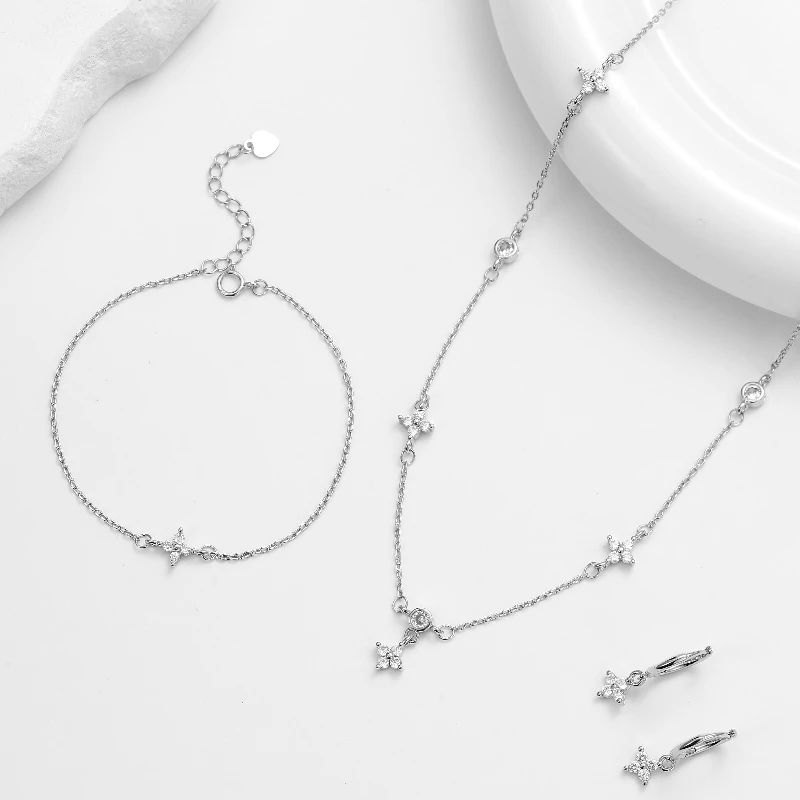 ANENJERY Four-leaf Flower Zircon Chain Jewelry Sets With Necklace Bracelet Earring for Women Light Exquisite Trendy Jewelry Gift