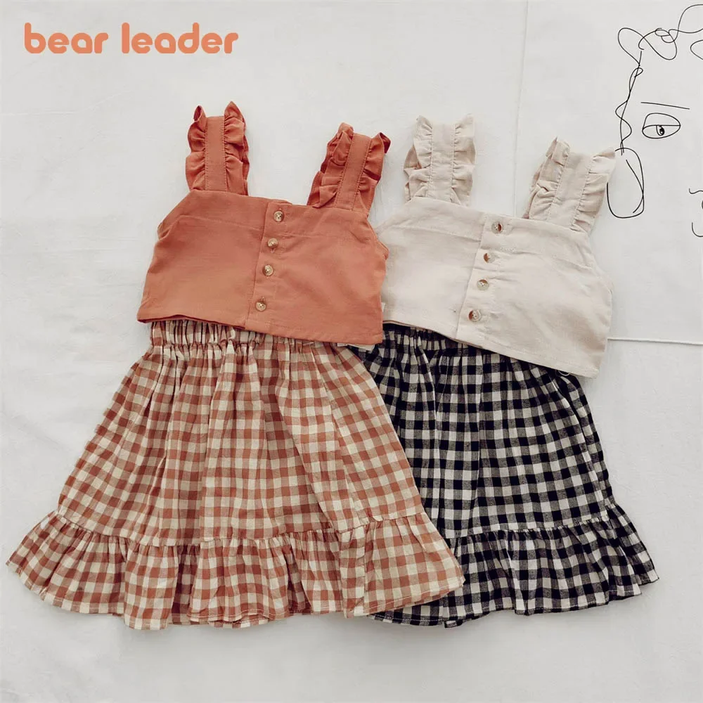 Bear Leader 2024 summer new girls clothing set halter vest + plaid skirt two-piece set kids clothes  girl clothes