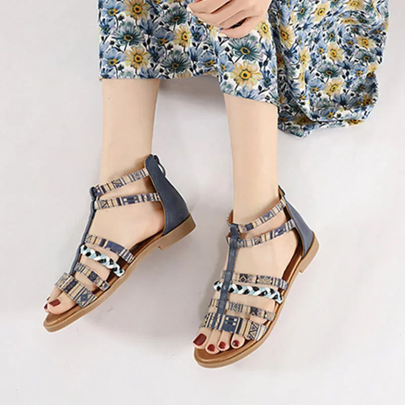 YAERNI 35-42 New Women\'s Large Sandals Summer Sandals Women\'s Bohemian Retro Beaded zipper Rhinestone Flat Shoe