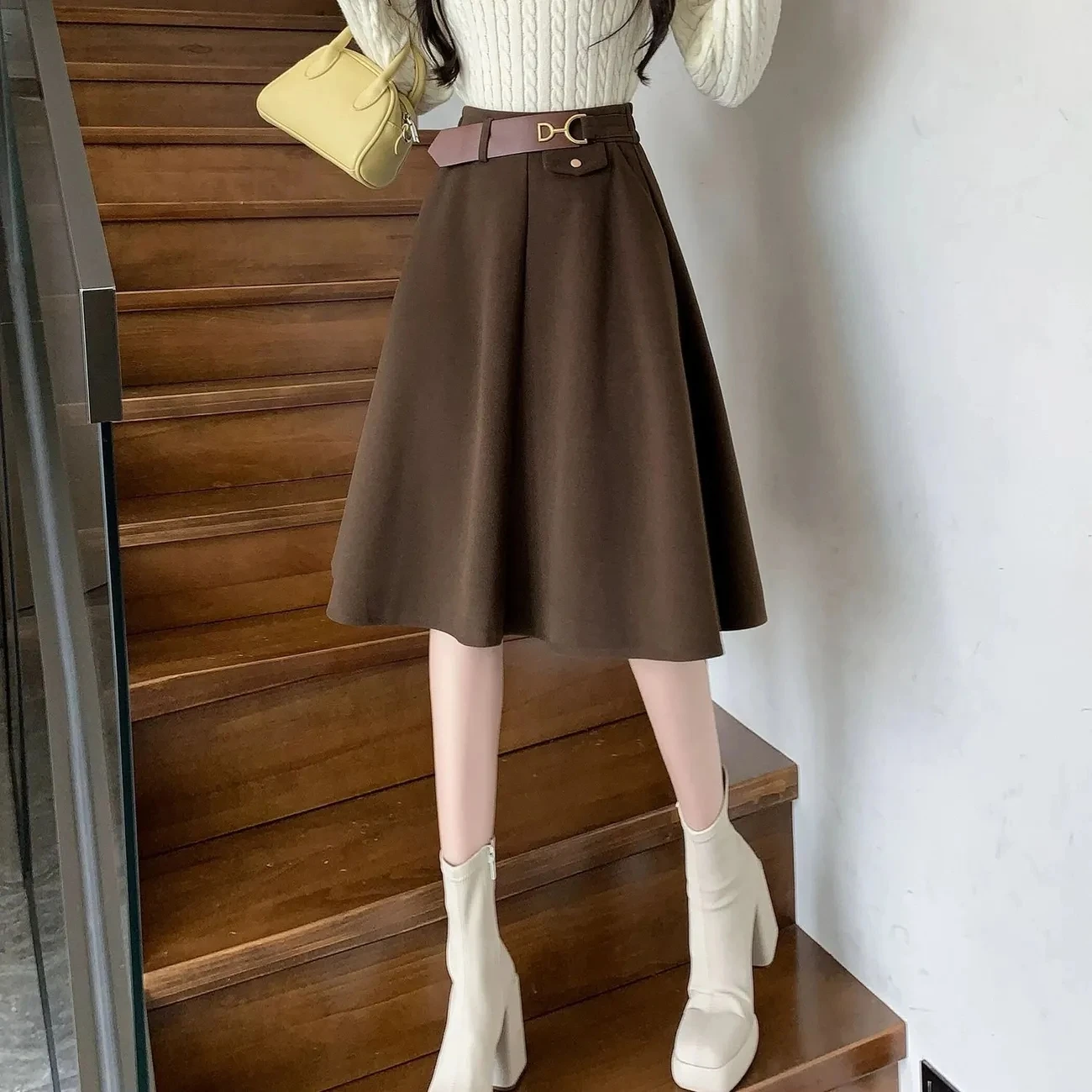 Hepburn Wind Rok Tweed Half-Body Rok Vrouwen Herfst Winter Nieuwe Middelste Rok Tot Knie Hoge Taille Temperament Rok Geplooide Rok