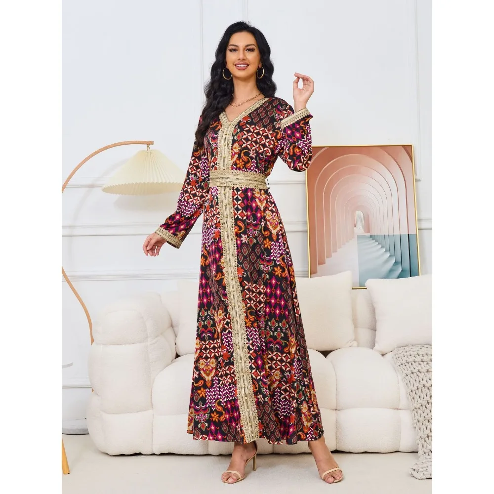 Eid Classy Muslim Women Robe Ramadan Morocco Printed Party Dress Dubai Long Sleeves Casual Abayas Lady Formal Banquet Kaftan New