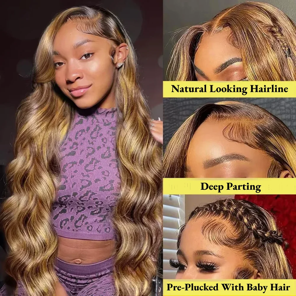 200 Density Highlight Body Wave 100% Human Hair 36 Inches Wigs 4/27 Honey Blonde 13x4 13x6 HD Lace Front Wig Human Frontal Wigs