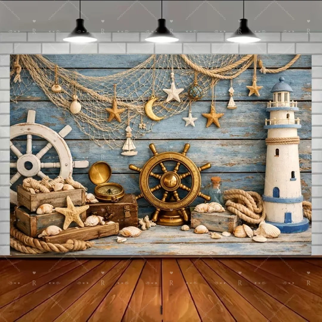 Nautischer Leuchtturm-Hintergrund Ozean Schiffskabine Holzbrett Junge Mädchen Party Dekoration Baby Geburtstag Porträt Fotografie Hintergrund – Detail 4