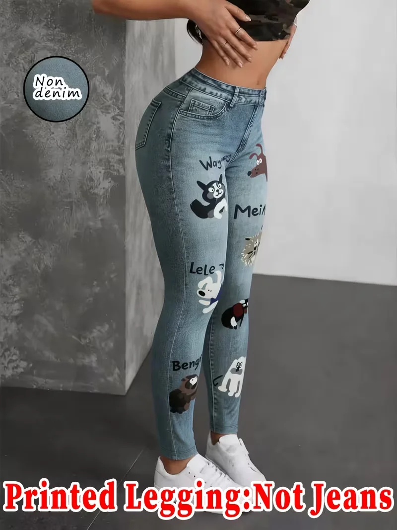 Printed Legging‑Not Denim Fabric All‑over Faux‑Denim Printed Long Pants with Faux Pocket and Button Print Details. New‑Arrival