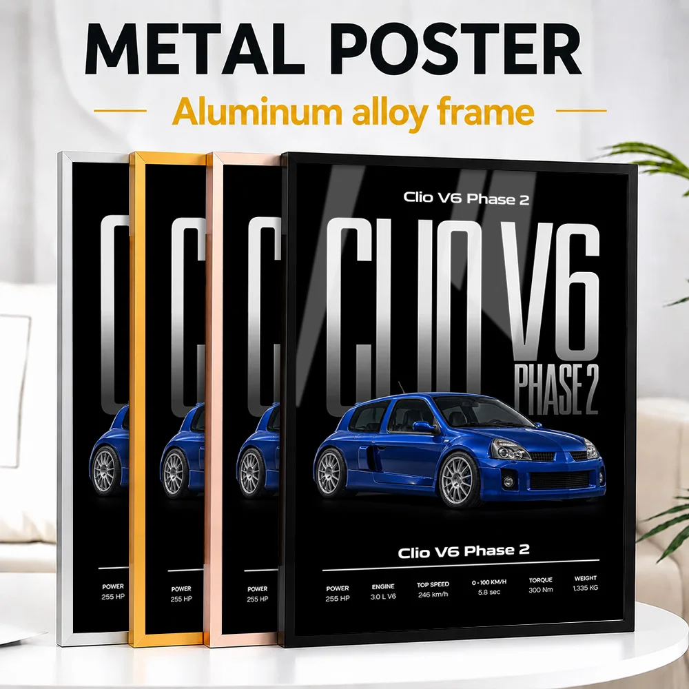 French Clio V6 Phase 2 Iliad Blue Sports Car Framed Aluminum Metal Poster Customized Bold Performance Spirit Wall Art For Garage
