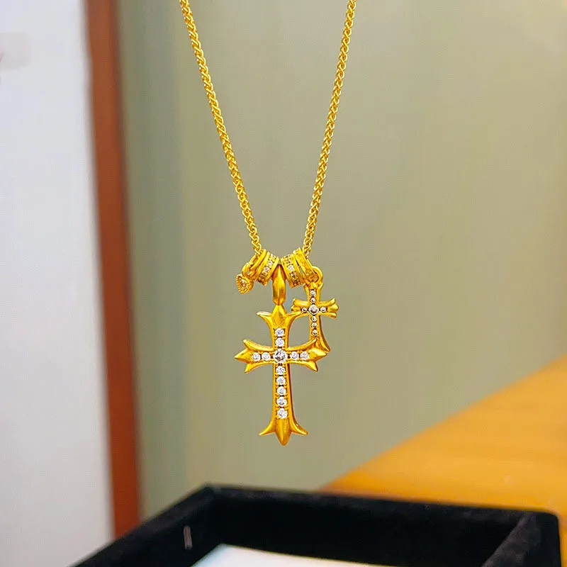 Double Cross Diamond-Accent Necklace AU999 Women 24K Gold - Pure AU999, 3D crosses, even diamond setting