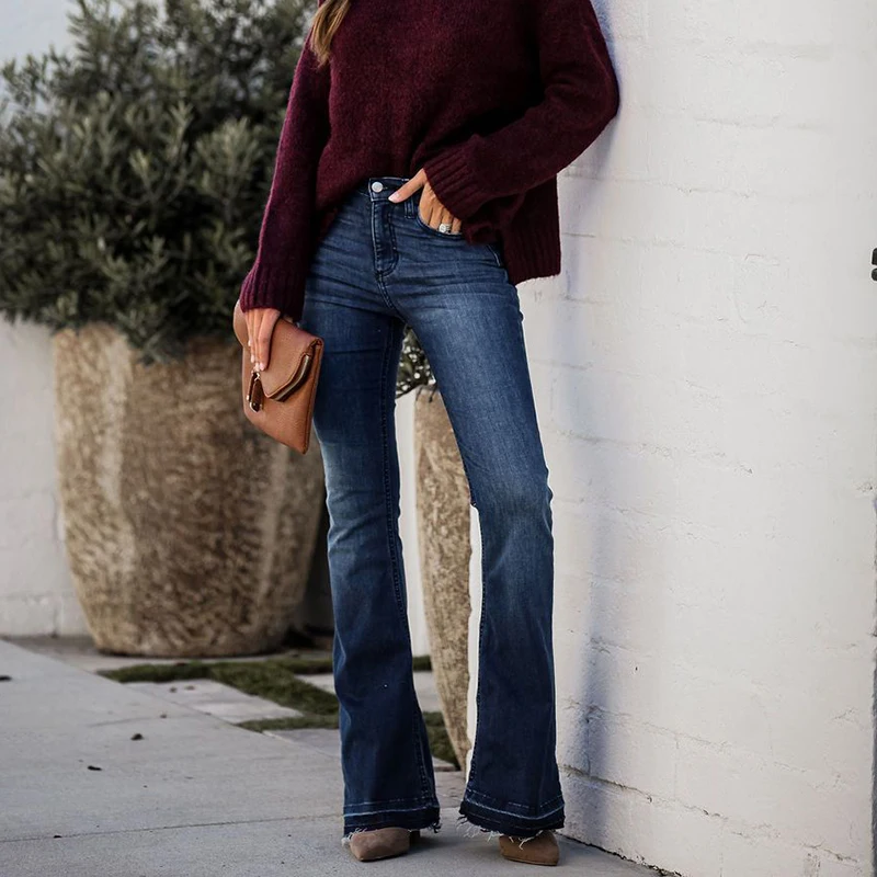 Pantalones vaqueros adelgazantes de cintura alta con campana para mujer, pantalones vaqueros clásicos con empalme Sle, pantalones vaqueros largos elásticos de algodón, Micro acampanados