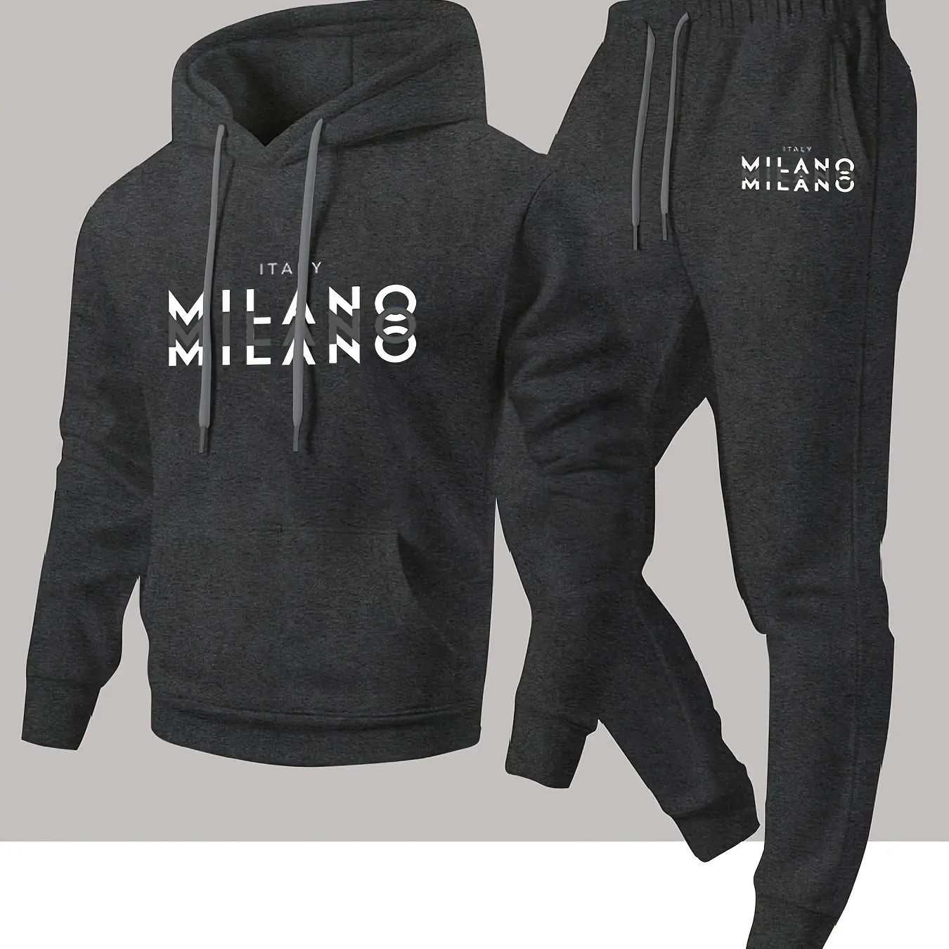 Trendy Men's Italian Milan Letter Pattern Hooded Sweatshirt and Athletic Pants Casual Sports Set Men's Clothing Sets view 4