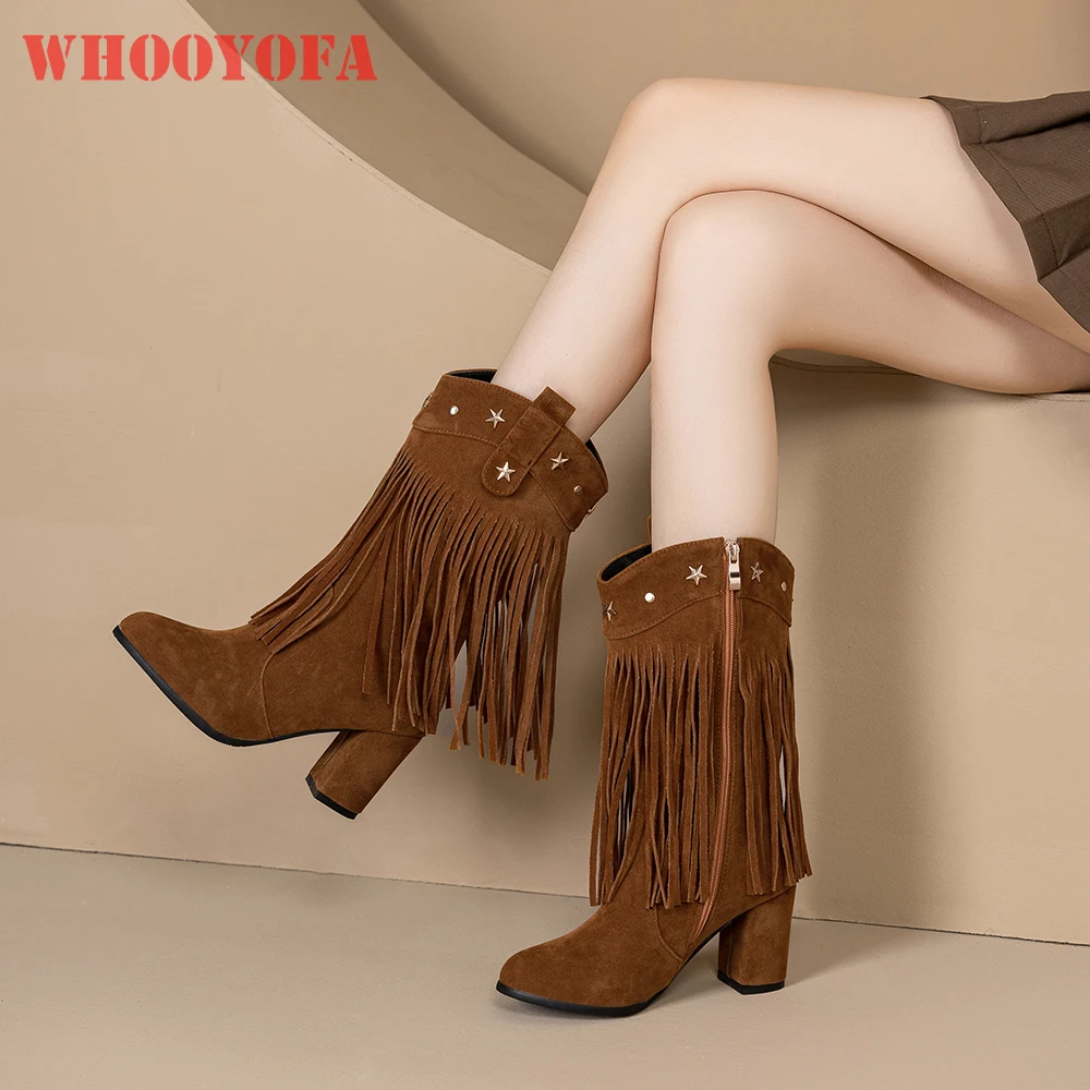

Winter Fashion Black Brown Women Mid Calf Boots Round Toe 3 Inch High Heels Lady Party Shoes Small Big Size 33 43 47 50