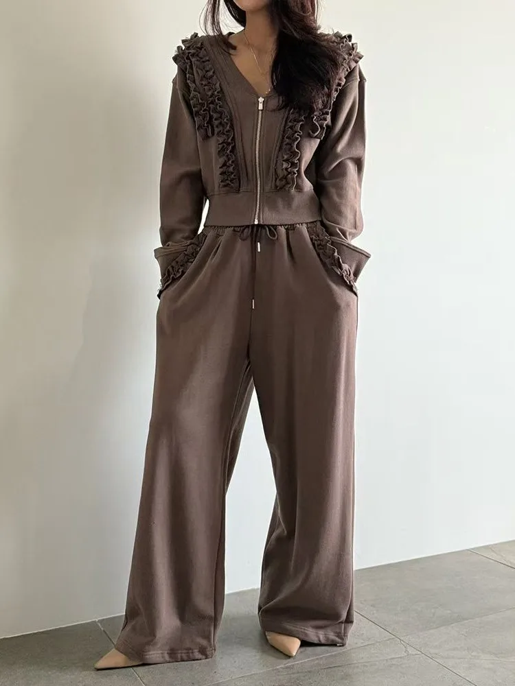 

Fashionable Patchwork Wood Grain Short Coat Women's High Waist Casual Long Pants Set Autumn New Design Sensation Street Style