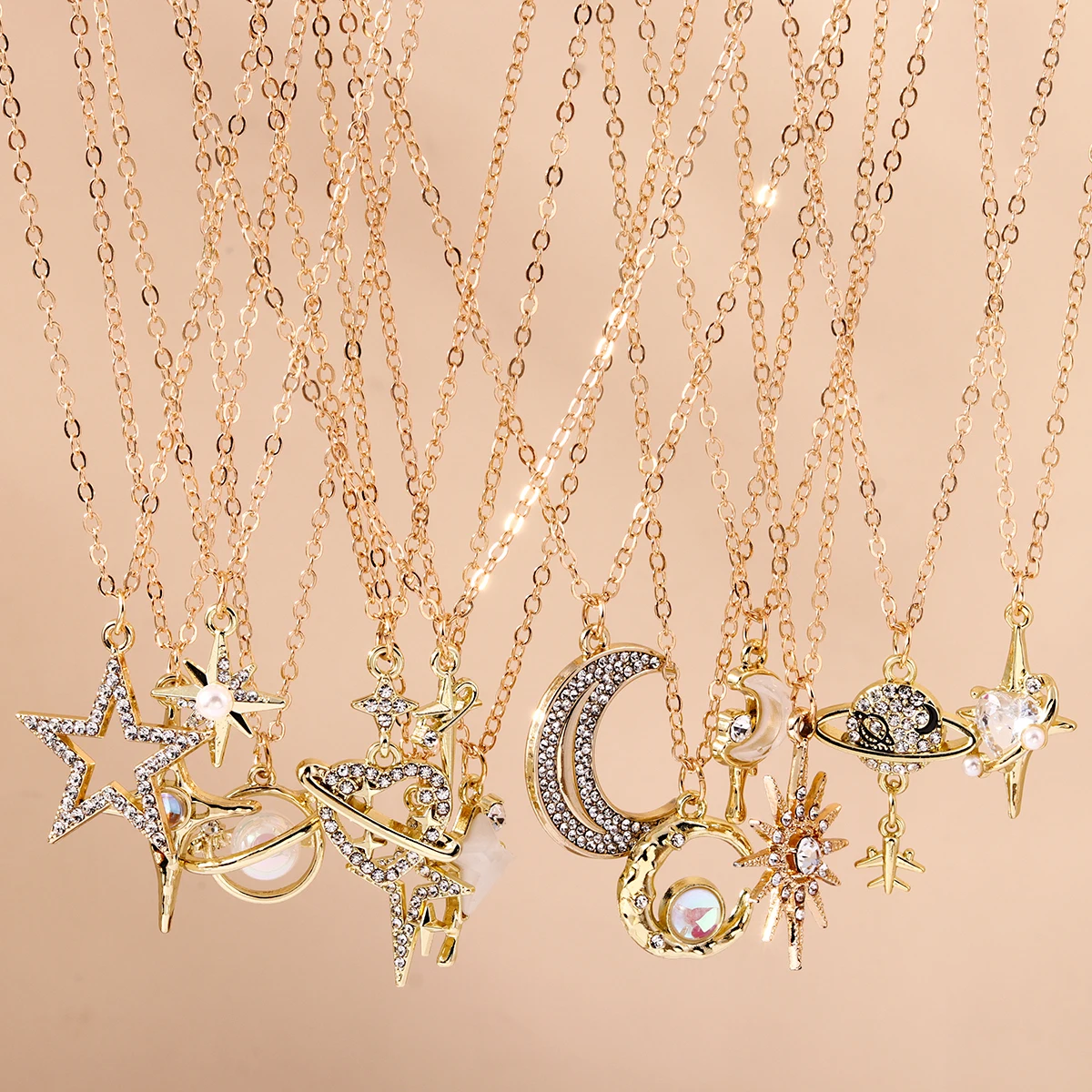 Aihua Exquisite Y2K Gold Farbe Kristall Sonne Mond Sterne Halsketten für Frauen Koreanische Temperament Schlüsselbein Kette Geburtstag Schmuck Geschenk – Detail 3