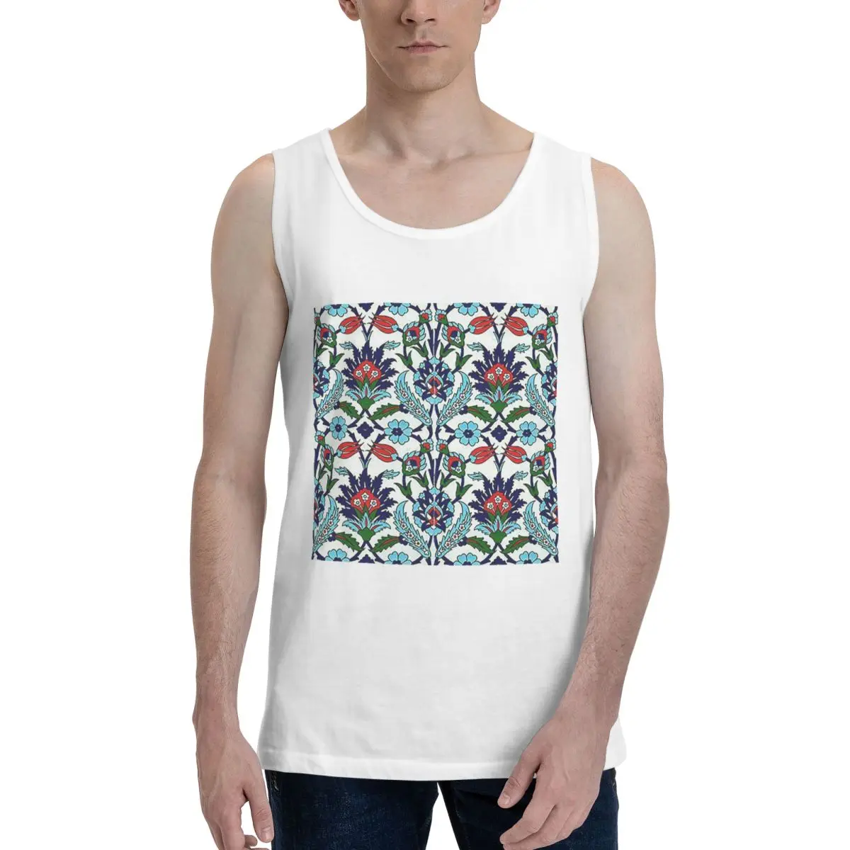 Turkish Iznik Floral 100% Cotton Men's Sweatshirt Vest Sleeveless Clothing Tees Men Tank Tops T-shirt