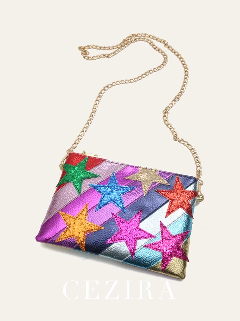 Luksusowa, szykowna damska metaliczna PU wegańska skóra kwadratowa kopertówka wzór w gwiazdki kolorowe paski torebka na ramię z łańcuszkiem Party Date Gift