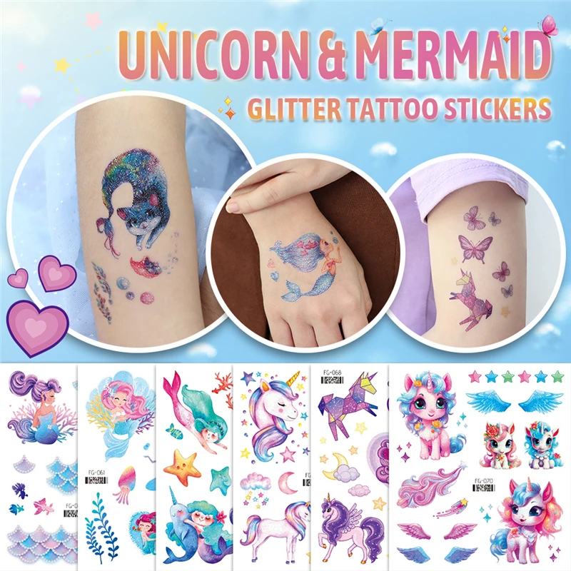 Mermaid Unicorn Glitter Tattoo Sticker Kids Children Temporary Waterproof Face Arm Body Art Fake Tattoos Girl Festival Makeup
