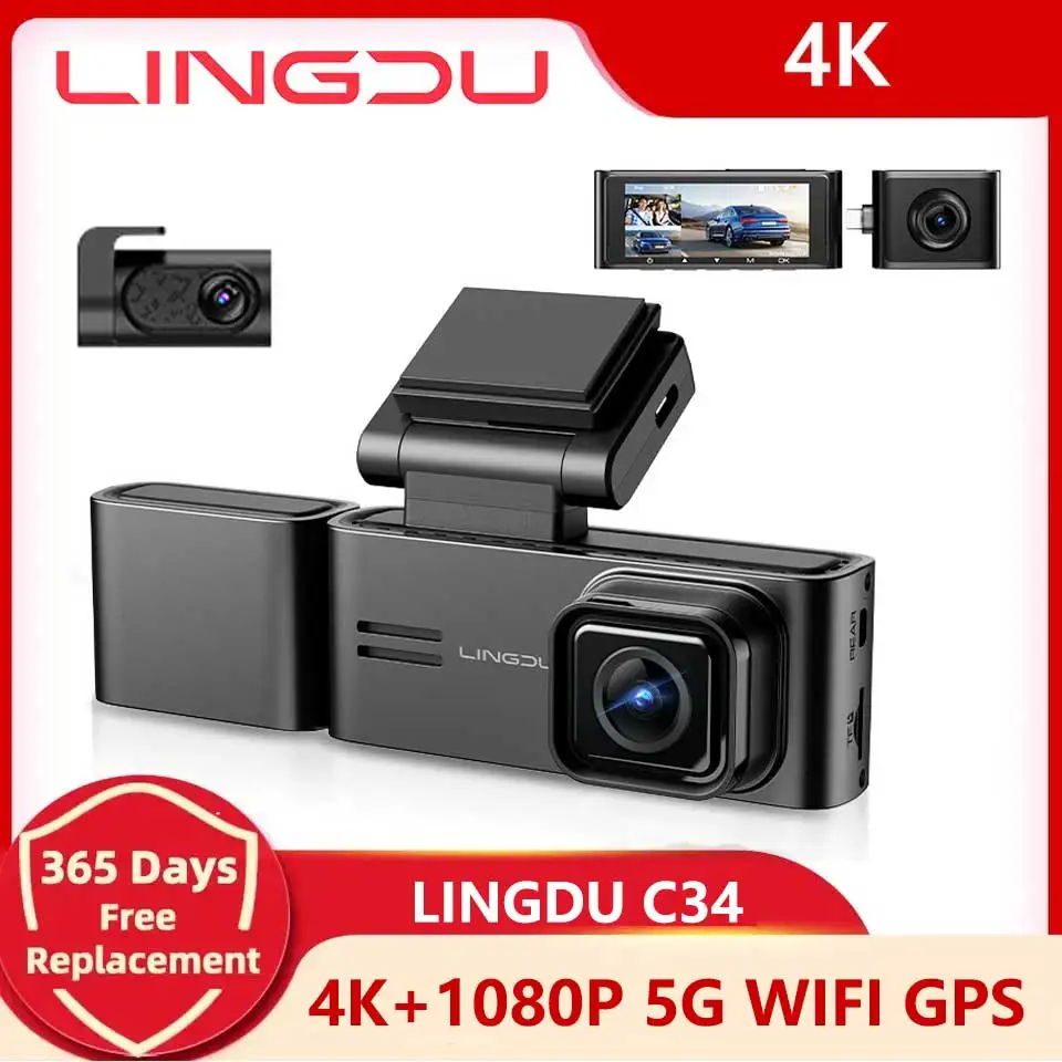 

LINGDU C34 3 Channel Dash Cam Front Inside Rear Three Way Car Dash Camera 4K+1080P Dual Channel With GPS 5G WiFi IR Night Vision