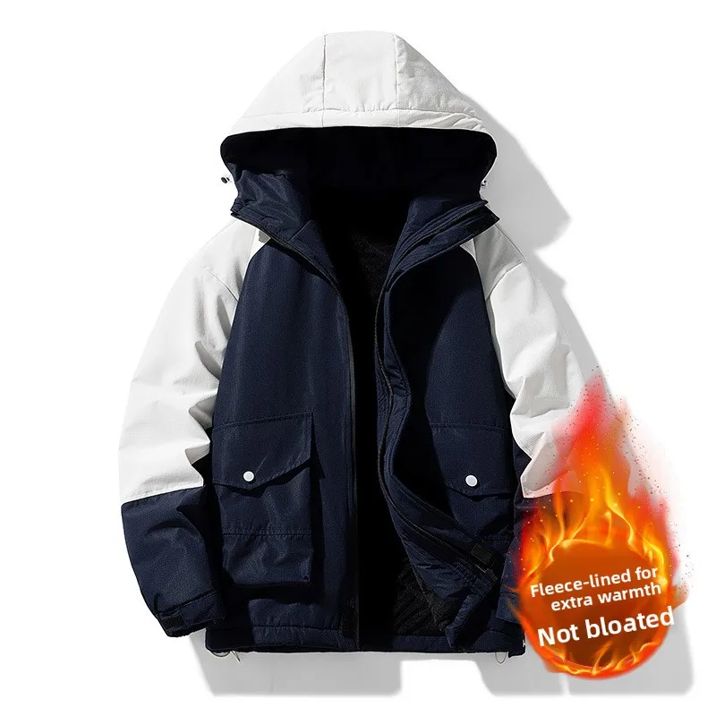 

Men's Hooded Fleece-Lined Jacket 2025 Autumn/Winter Casual Outdoor Coat, Colorblock, Plus Size for Young and Middle-Aged Men