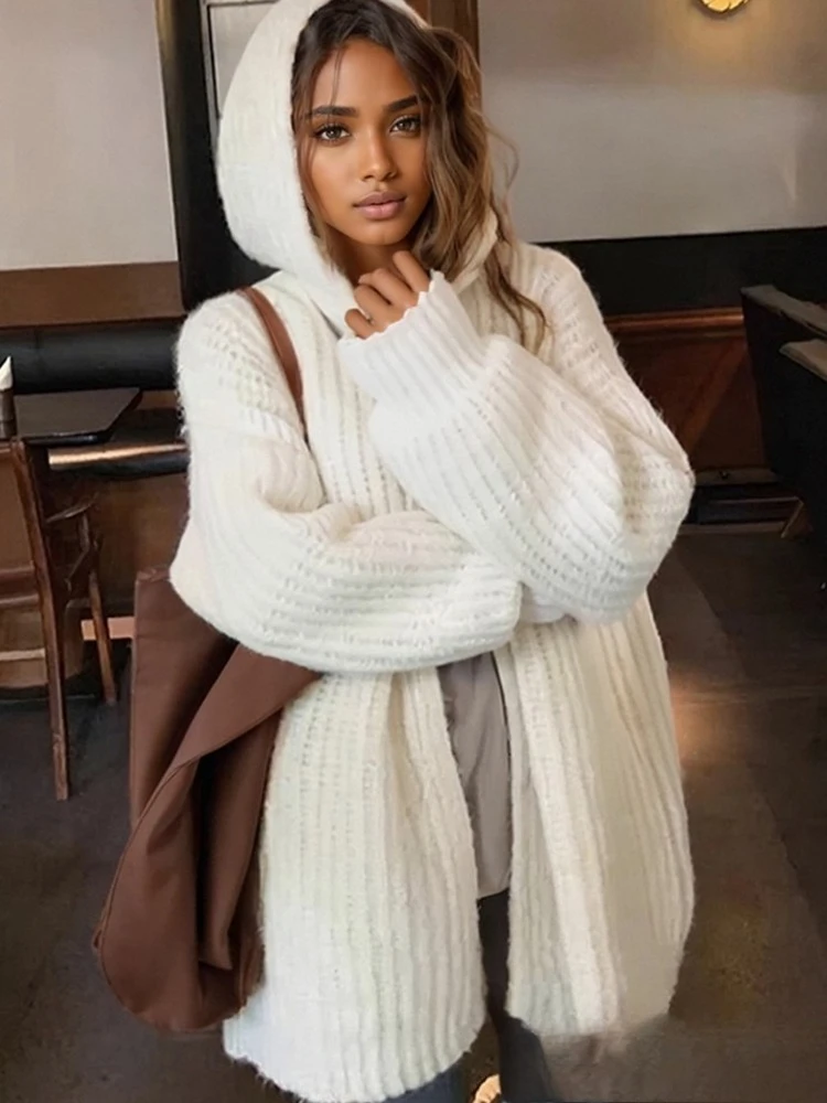 

2025 Fashion Hooded Lantern Sleeves Solid Knitted Tops Winter Warm Loose Long Sleeve Cardigan Autumn Elegant Women's Knitwear
