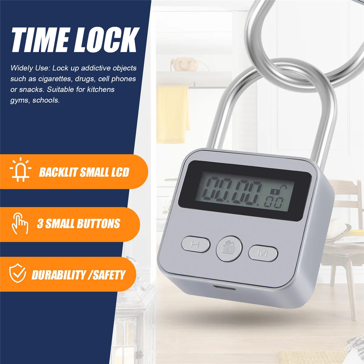 A08I Metal Timer Lock LCD Display Multi-Function Electronic Time 99 Hours Max Timing USB Rechargeable Timer Padlock,Silver