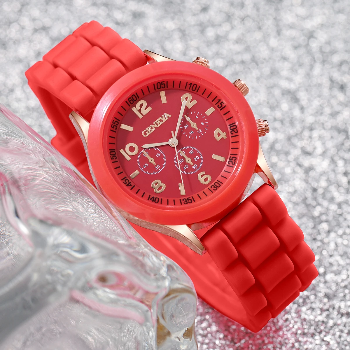 3PCs/Set Fashion Women Silicone Watch White Red Black Colors Quartz Watch Set