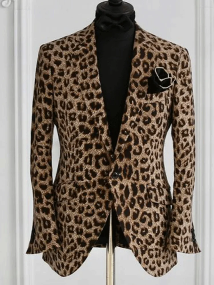 Men's Fashion Leopard Pattern Casual Business Blazer Notch Lapel Single Breasted Formal Prom Wedding Party Slim Fit Suit Jacket
