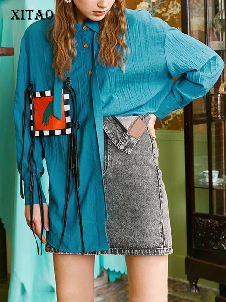 

XITAO Drawstring Women Printed Pockets Shirts Long Sleeves Lapel Shirts Spring Summer Personalized Design Casual Top LDD1959