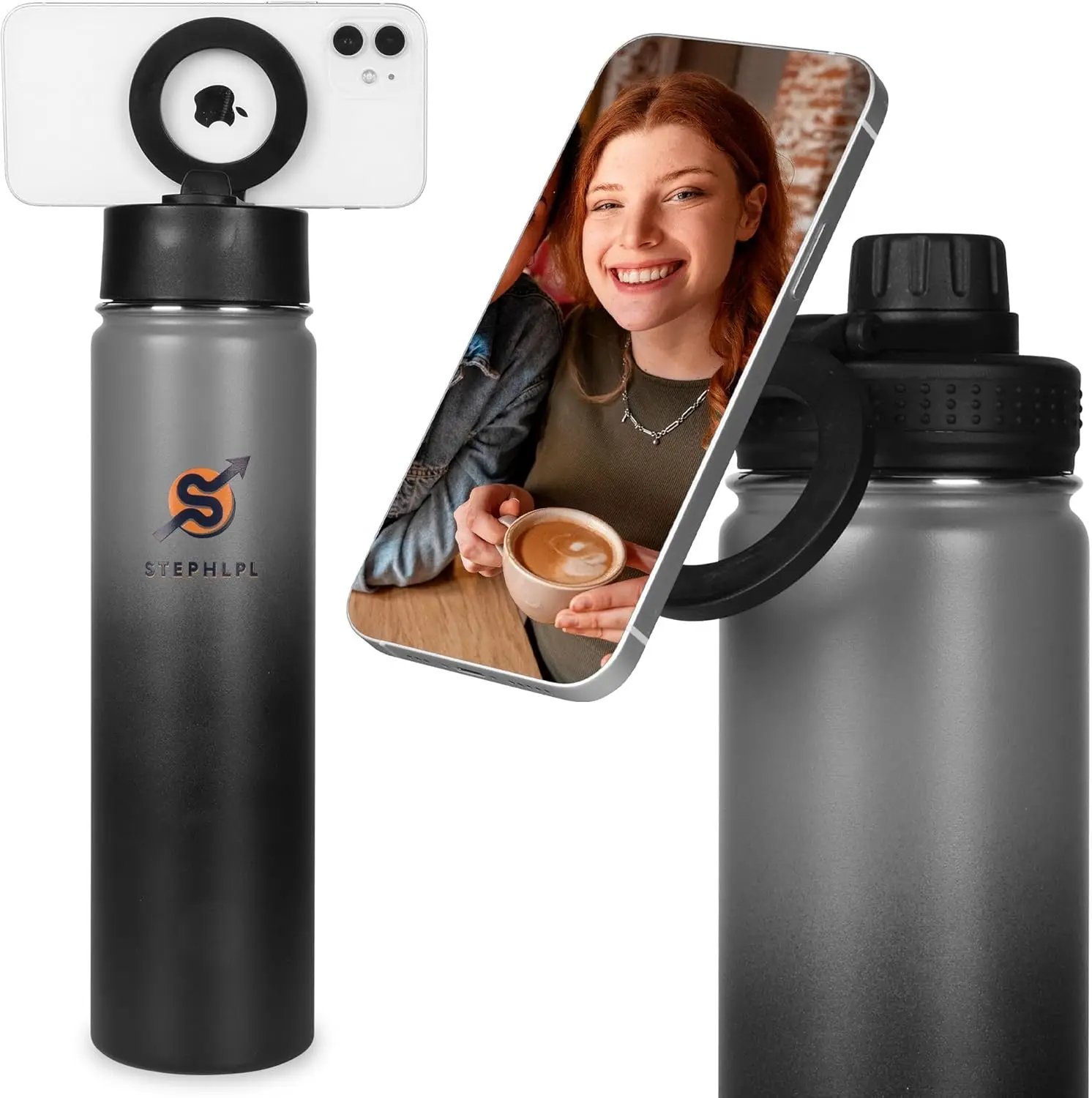 

Изолированная бутылка для воды из нержавеющей стали с магнитным держателем для телефона, двумя крышками, 360° ° Вращающееся крепление, герметичное, 12 часов, горячий/24 часа, холодный