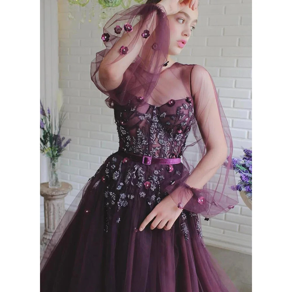 

Custom Purple Elegance Evening Dress With Tulle Puffy Long Sleeve Pleat 3D Applique Sequins Prom Formal Party Dress