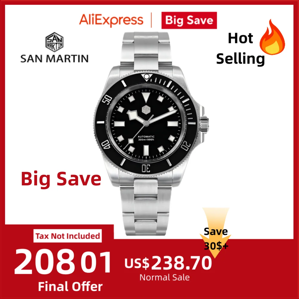 

San Martin 40mm Automatic NH35 Watch For Men Snowflake Hands Sports Relogio 300M Waterproof Montre Luxury Classic SN0111GB