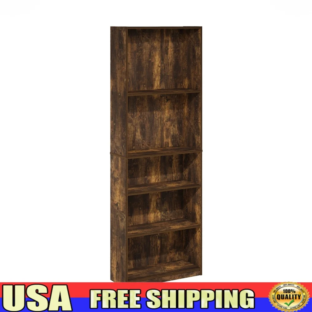 

Adjustable 5-Shelf Bookcase Amber Pine Durable Composite Wood Easy Assembly Space Saving Storage Display Furniture