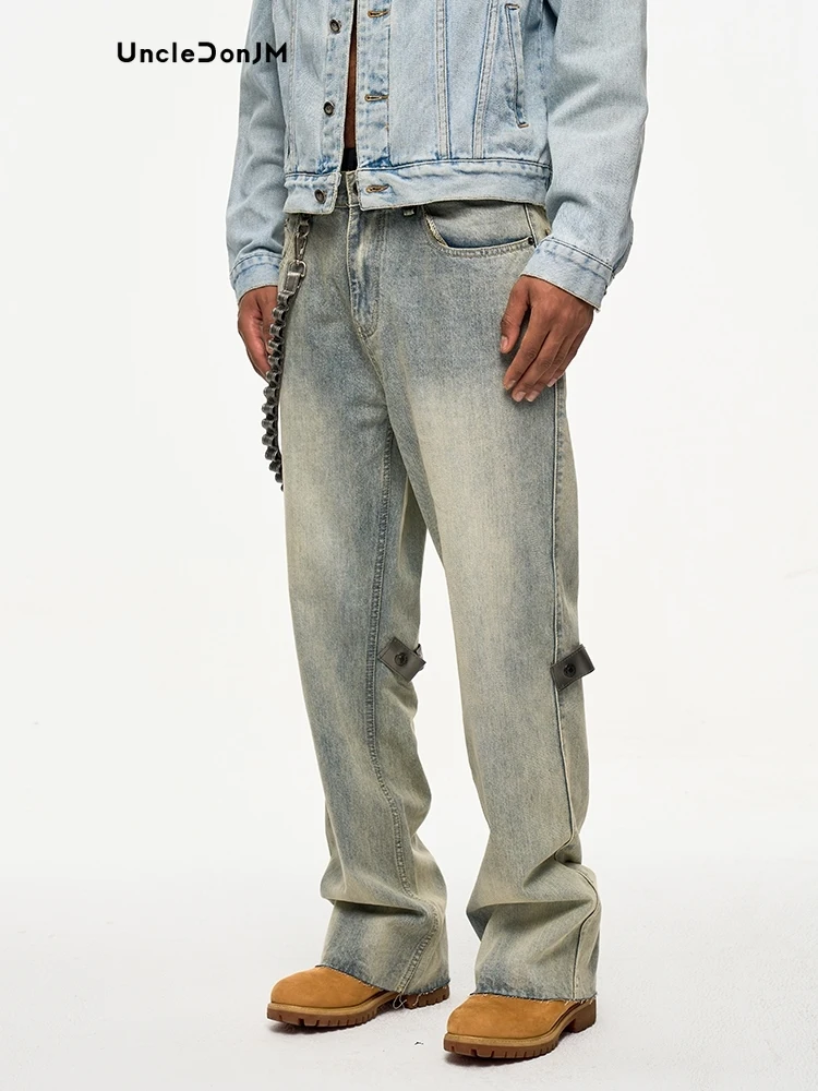 Removable Leather Chain Strap Yellow Washed Old Casual Burr Trouser Chain Jeans Y2k Men’s Jeans