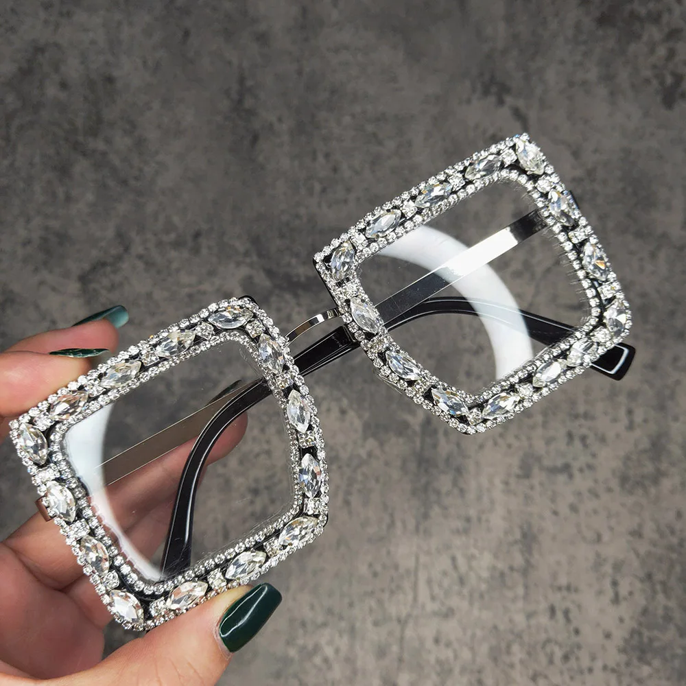 Rhinestone Bling Square Sun Glasses Women Fashion Oversized Transparent Crystal Female Vintage Diamond Sunglasses Eyeglasses