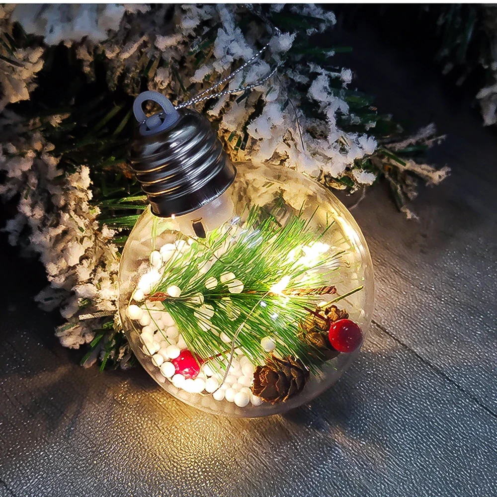 Christmas Round Ball Pendant com Luzes, Bauble Plástico Transparente, Xmas Tree Hanging Ornament, Decoração de Ano Novo, 11x8cm, 1Pc