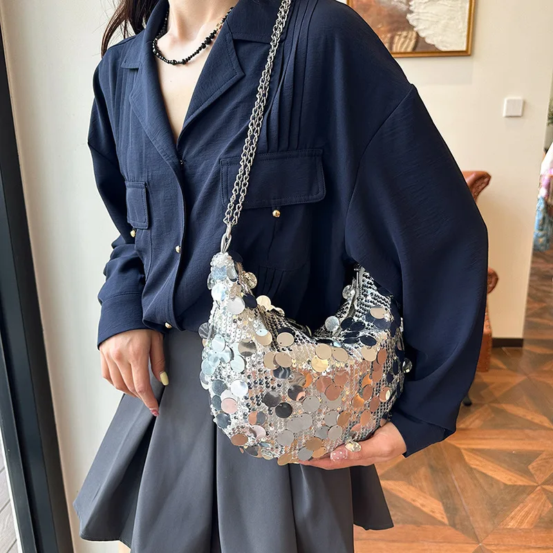 2024 Trendy New Sequin Dumpling Bags Classic Fashion Big Capacity Tote Handbags For Women Silver Color Chain Shoulder Bag Summer