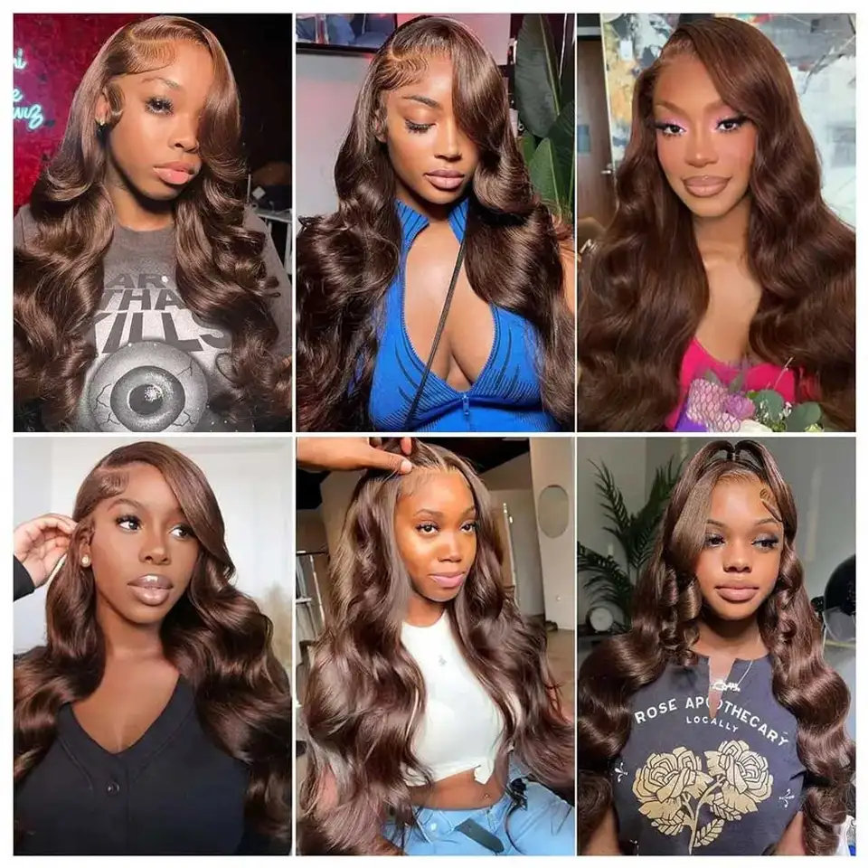 Peluca de cabello humano color marrón chocolate, Body Wave, frontal de encaje HD 13X4, para mujer, mojada y ondulada 6