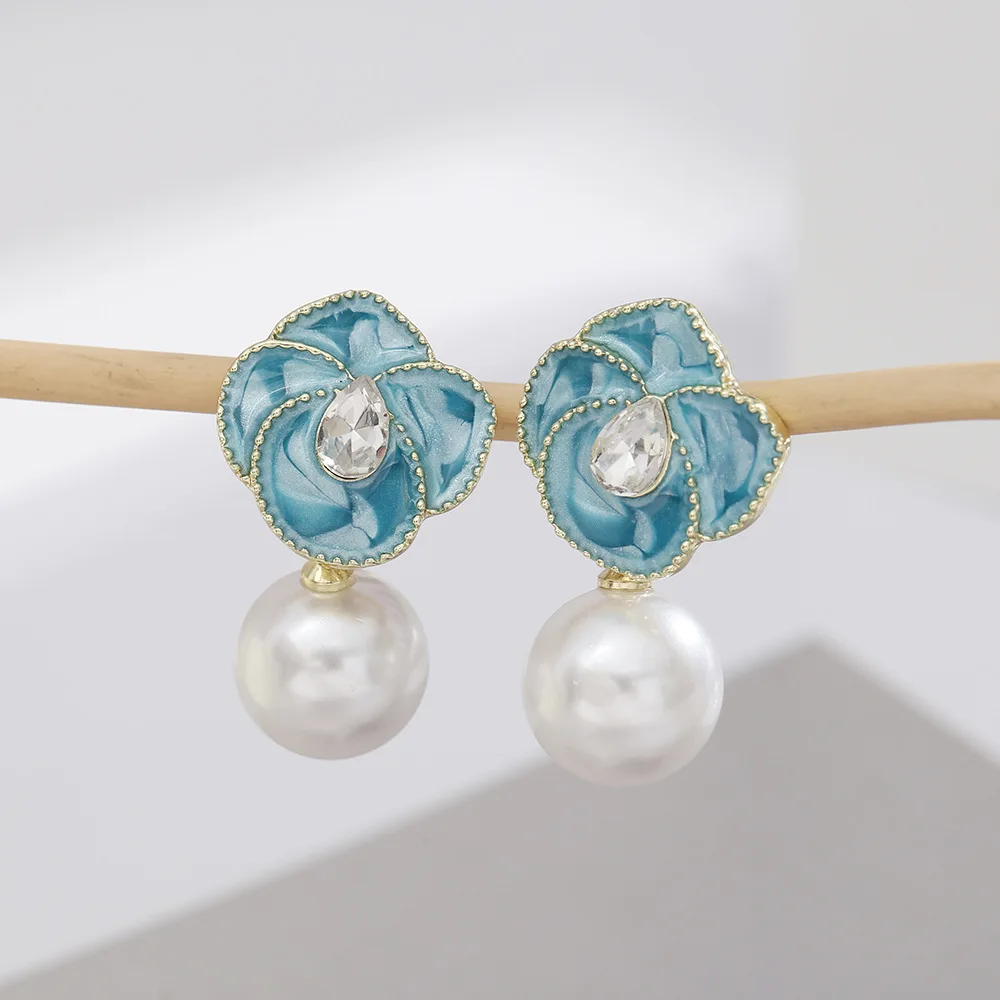 Korean Sweet Imitation Pearl Dangle Earrings for Women Fashion White Blue Enamel Oil Rhinestones Flower Drop Earrings Jewelry