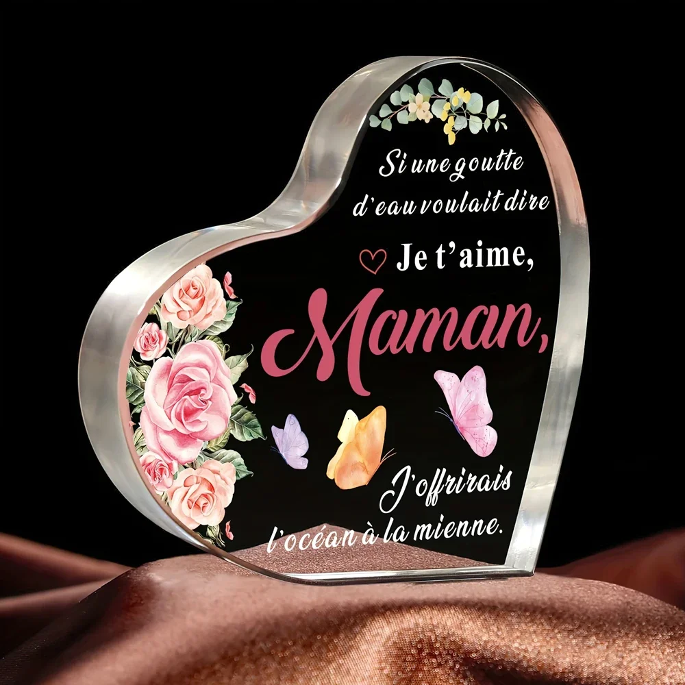 French Mother Keepsake Heart Shaped Acrylic Desk Plaque Rose Butterfly Ornament,Heart Acrylic Plaque French Quote Maman Pink Rose Butterfly Mother's Day Gift