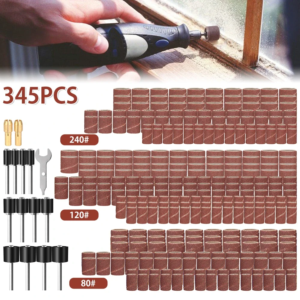 345Pcs Sanding Drum Kit 80 120 240 Grit Drum Sander Sleeves Sanding Bands Bits Rotary Tool Accessories For Drill WoodWorking2025