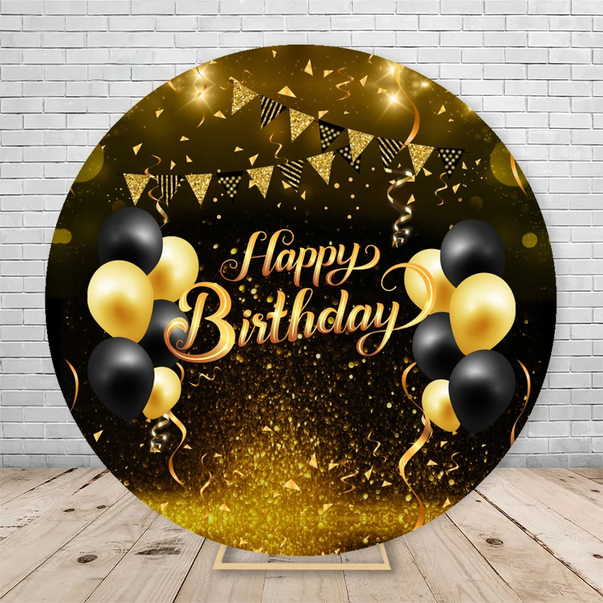 Black and Gold Birthday Round Background Circle Backdrop for Adult Customize Photo Studio Banner Photocall Elastic Cover