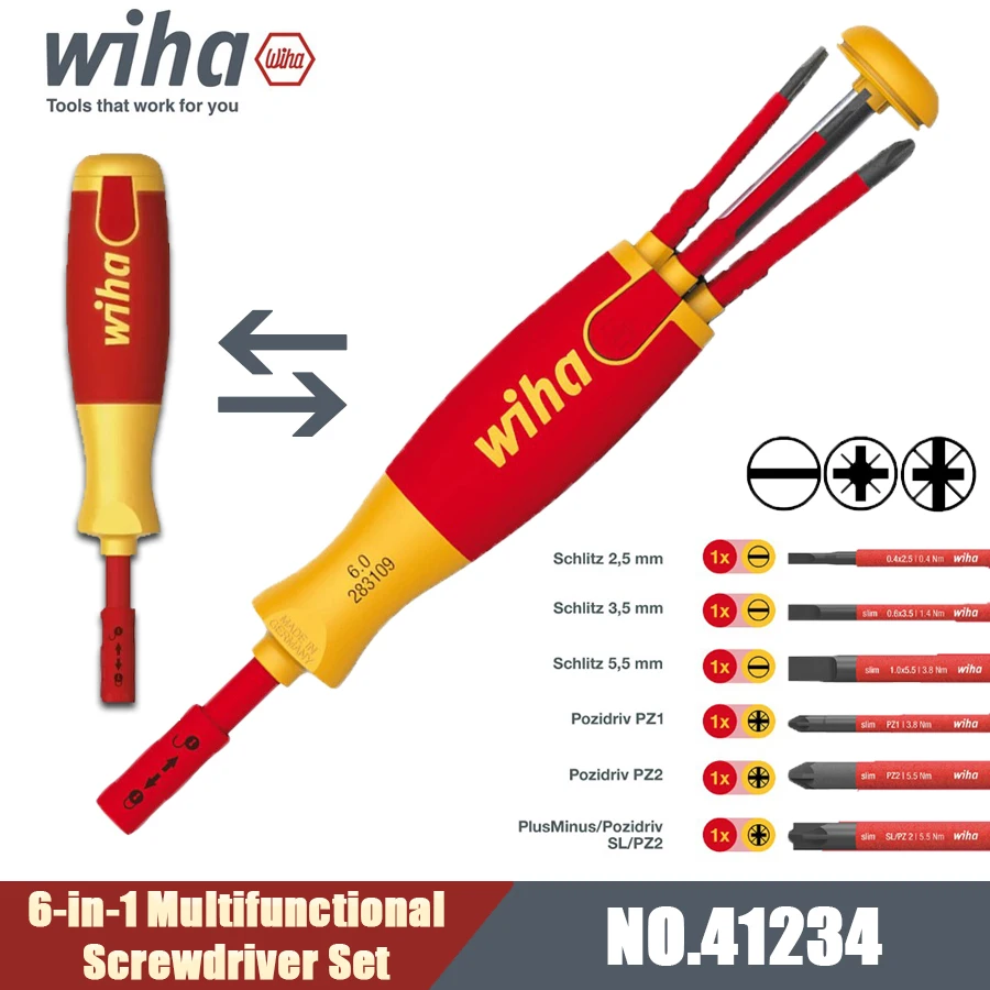 WIHA 41234 6-in-1 Multifunctional Screwdriver Set Screwdriver Handle with 6PCS Phillips and Slotted Screwdriver Bits Hand Tools