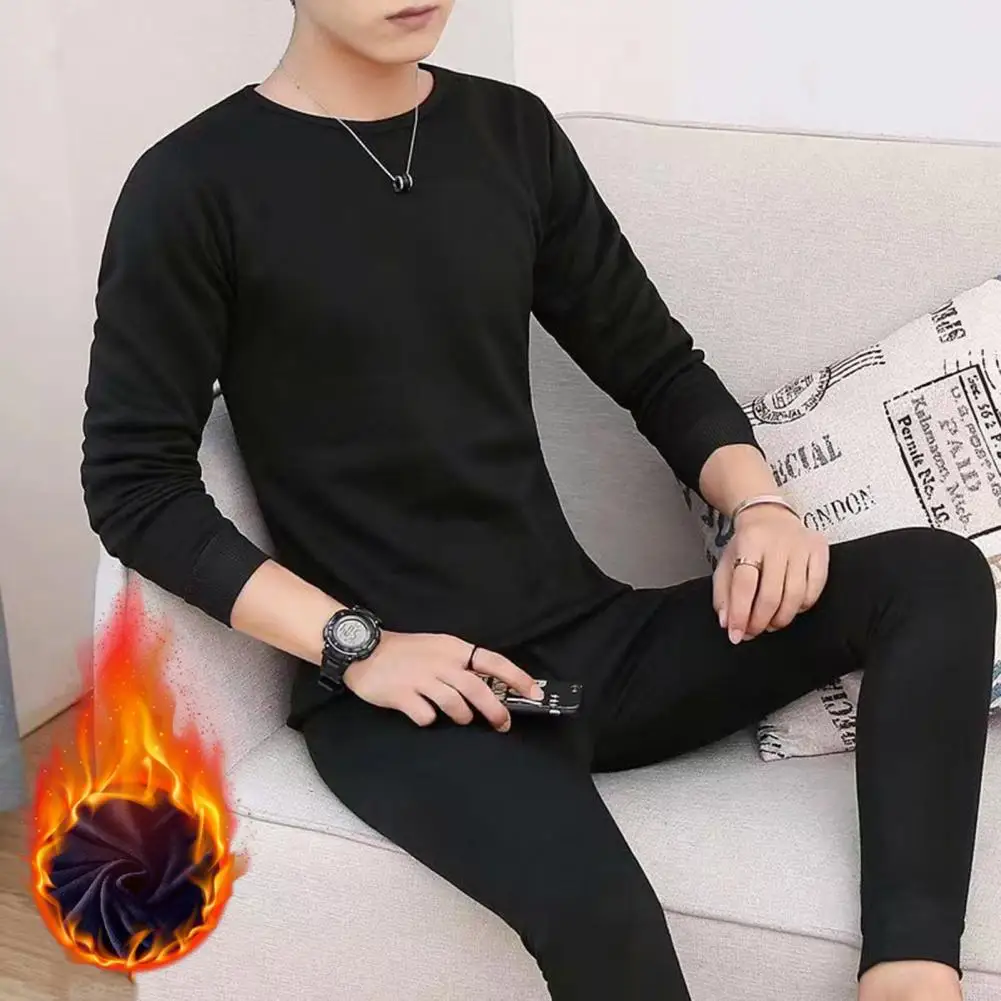 

2 Pieces/winter Men's Round Neck Long Sleeve Warm Thick Plush Plus Size Slim Stretch Men's Pajamas Set