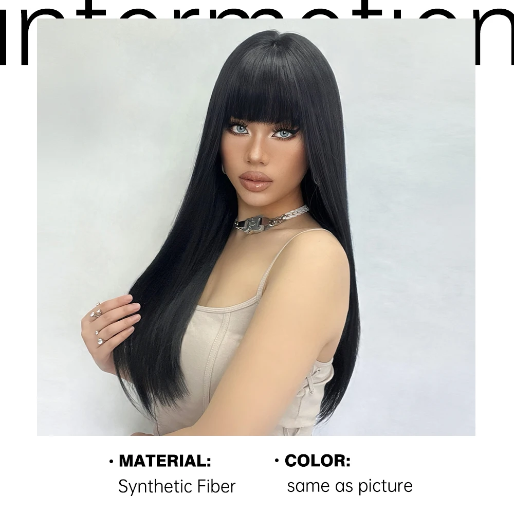 ALAN EATON Black Straight Synthetic Wigs with Bangs Long Smooth Hair for Women Daily Soft Natural Looking High Temperature Fiber