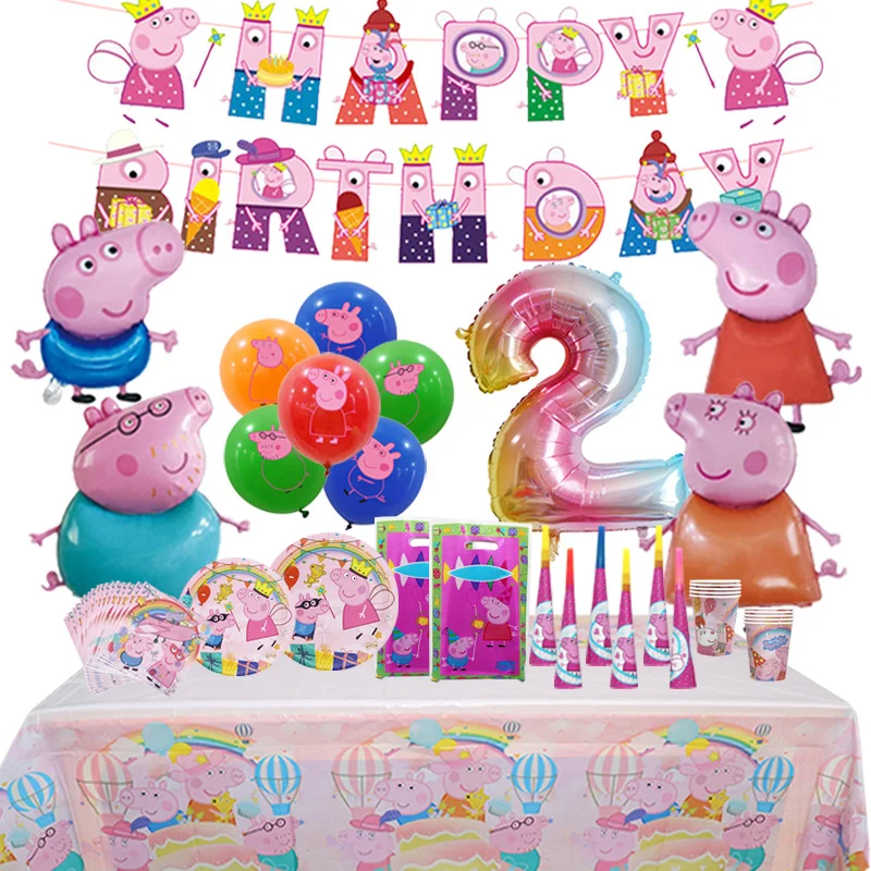 Peppaa Pigs Birthday Party Decoration Aluminum Foil Balloon For Kid Event Supplies Disposable Tableware Banner Backdrop Gift