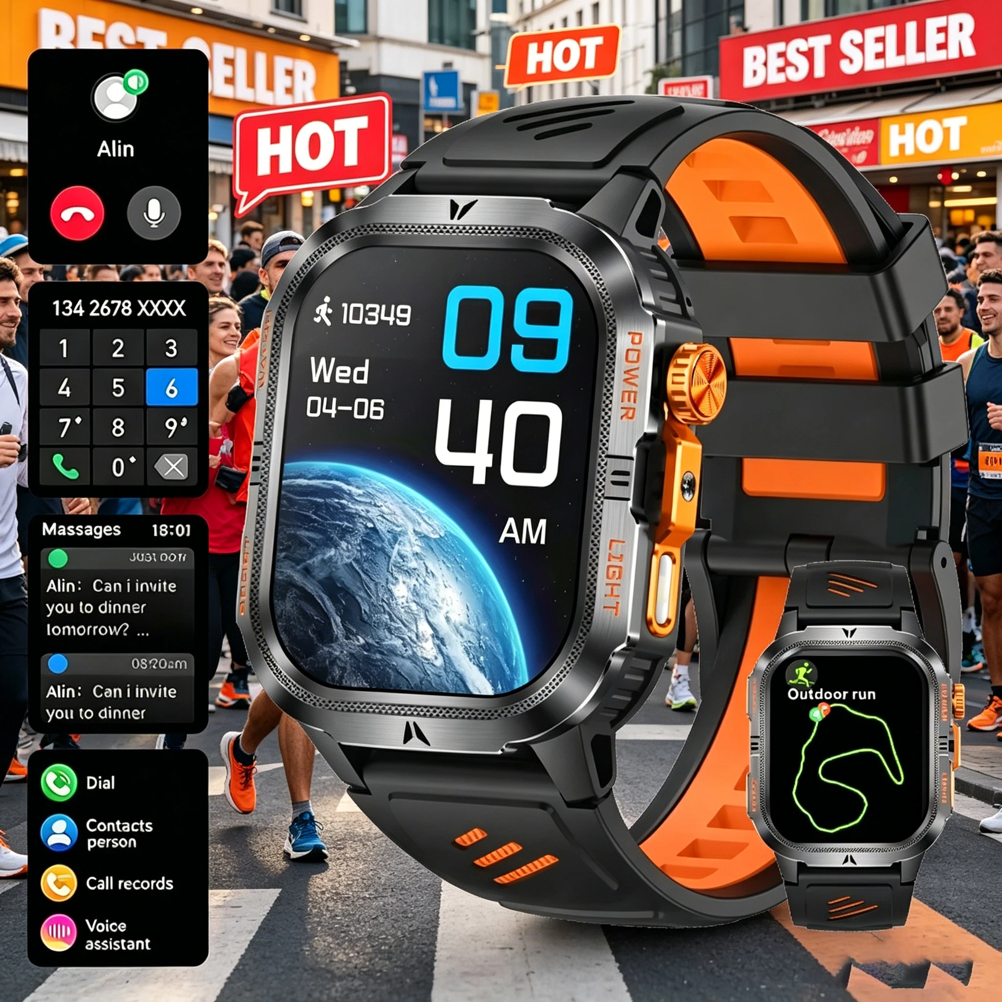 New 1200 mAh Battery Military Smartwatch Men IP68 Waterproof Flashlight Health Monitor Sports Call Smart Watch For iOS Android