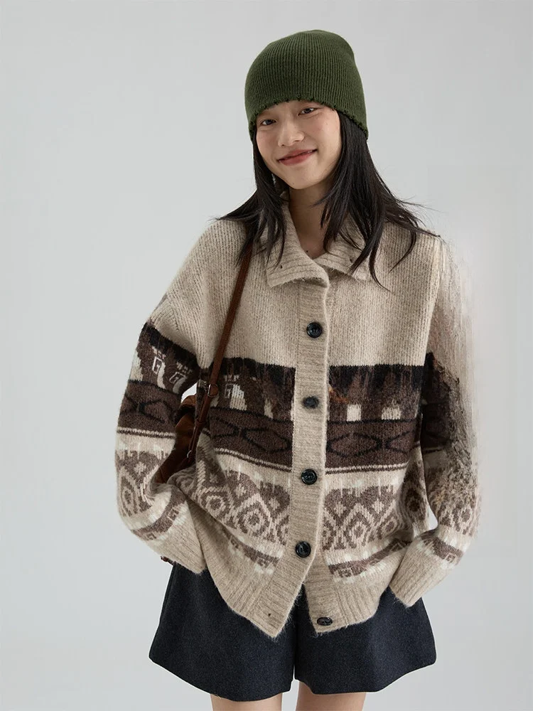 

Dwind Fair Isle Thiened Stand Collar Knitted Sweater Coat Women's Winter Outerwear Retro Embroidery Open Cardigan Top