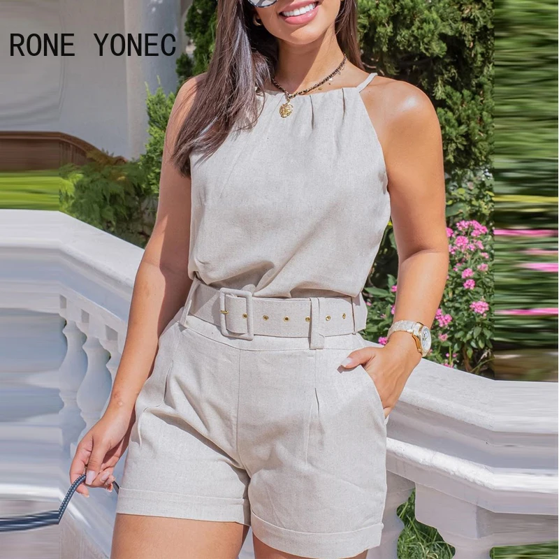 Women Halter Sleeveless Top & Shorts with Belts Summer Vacation Suit