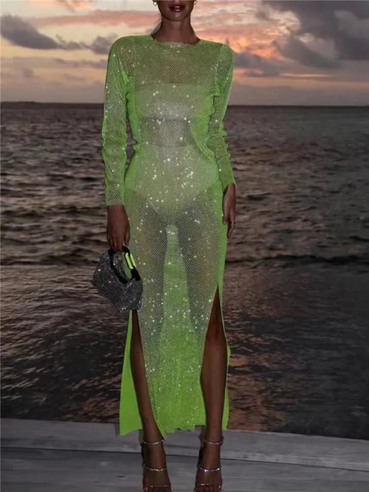 

Sexy See Through Rhinestone Maxi Club Autumn Dress Women 2024 Glitter Evening Party Dresses Long Fishnet Beach Dress Vestidos